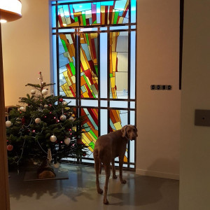 Coulissant vitrail au plomb
et ferronnerie d'art
avec chien et sapin